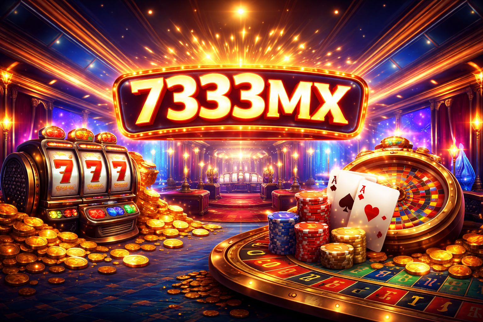 Centro de juegos vibrante 7333MX con carretes brillantes, cartas, fichas y un letrero brillante de la marca.