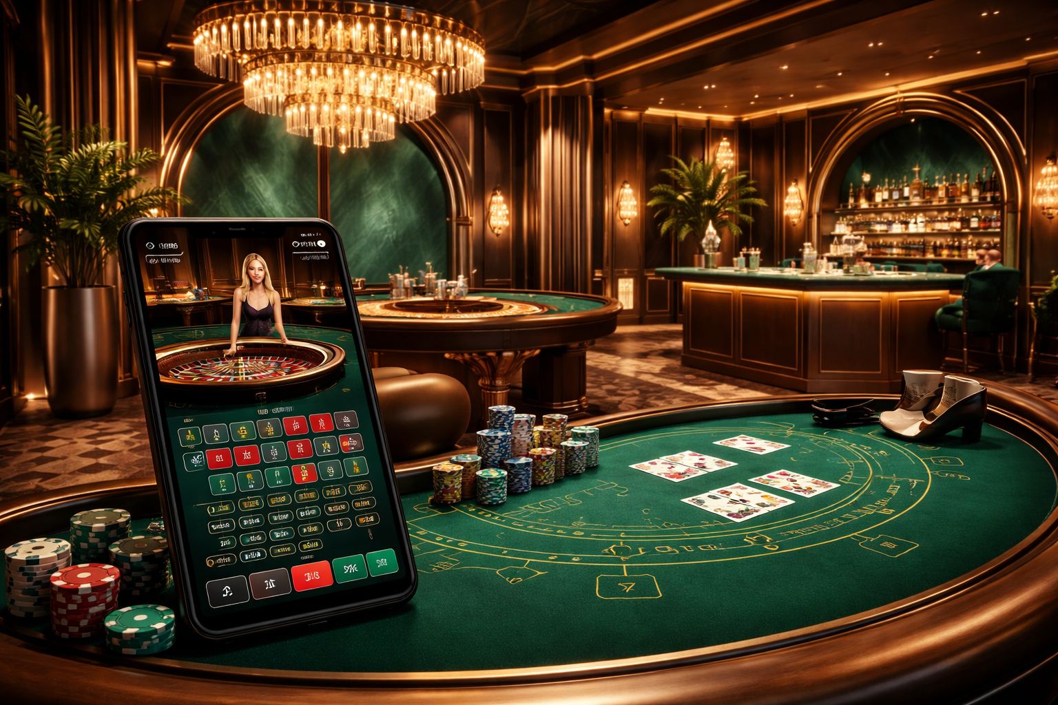 Estudio moderno de juegos en vivo con rueda de ruleta, cartas y una pantalla móvil mostrando una mesa activa.