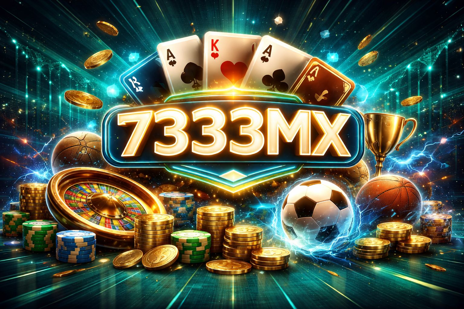 Una vibrante escena digital de juegos con 7333MX mostrado prominentemente, fichas brillantes, cartas y elementos deportivos en una atmósfera moderna con temática mexicana.