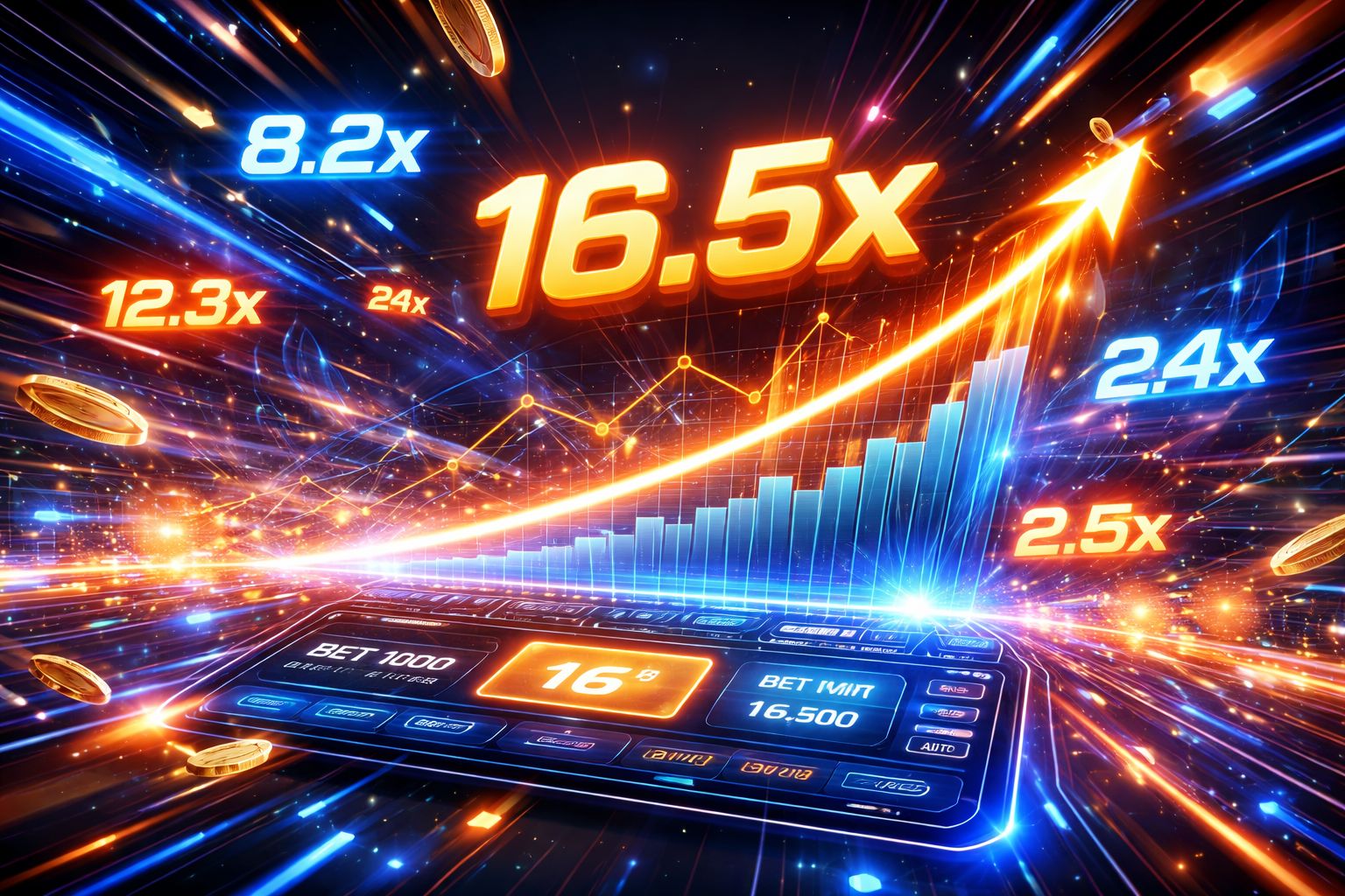 Una escena digital de apuestas de ritmo rápido con multiplicadores en ascenso, efectos de neón y una interfaz de acción moderna en 7333MX.
