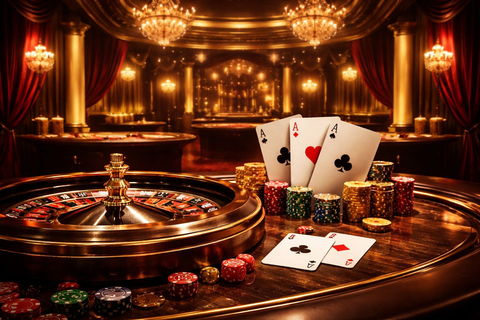 Una escena elegante de estudio de casino en vivo con cartas, elementos de ruleta y un ambiente digital premium para 7333MX.